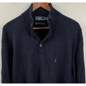 Polo Ralph Lauren Sweater Men XL Navy Estate Rib Shawl Neck Pullover Pony Cotton